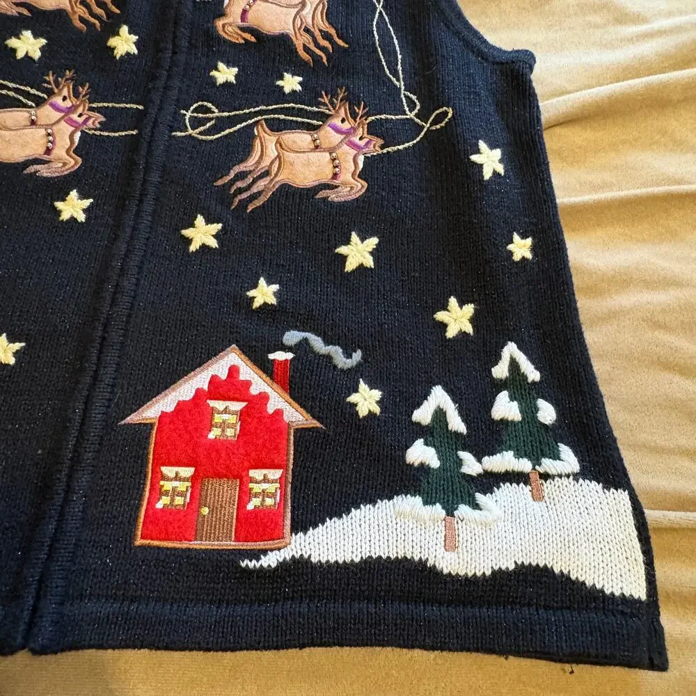 The Quacker Factory Black Embroidered Santa Christmas Reindeer Vest Ugly M